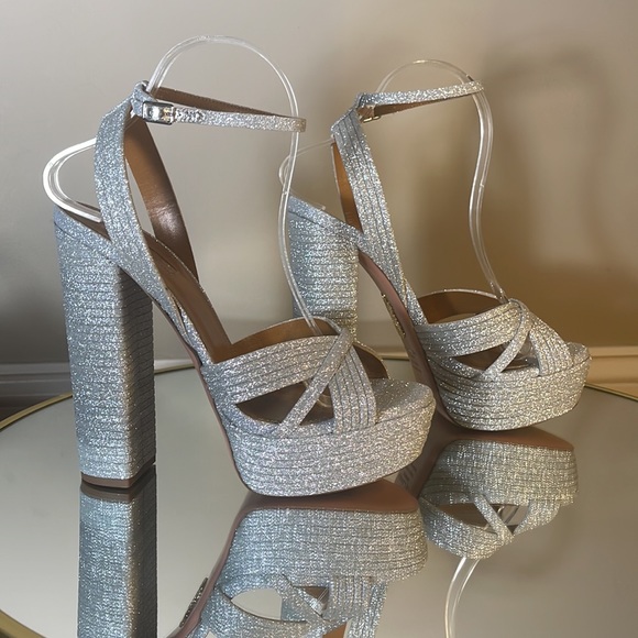 Aquazzura Sundance Silver Glitter Platform Heeled Sandals Sz 39 - Picture 6 of 17